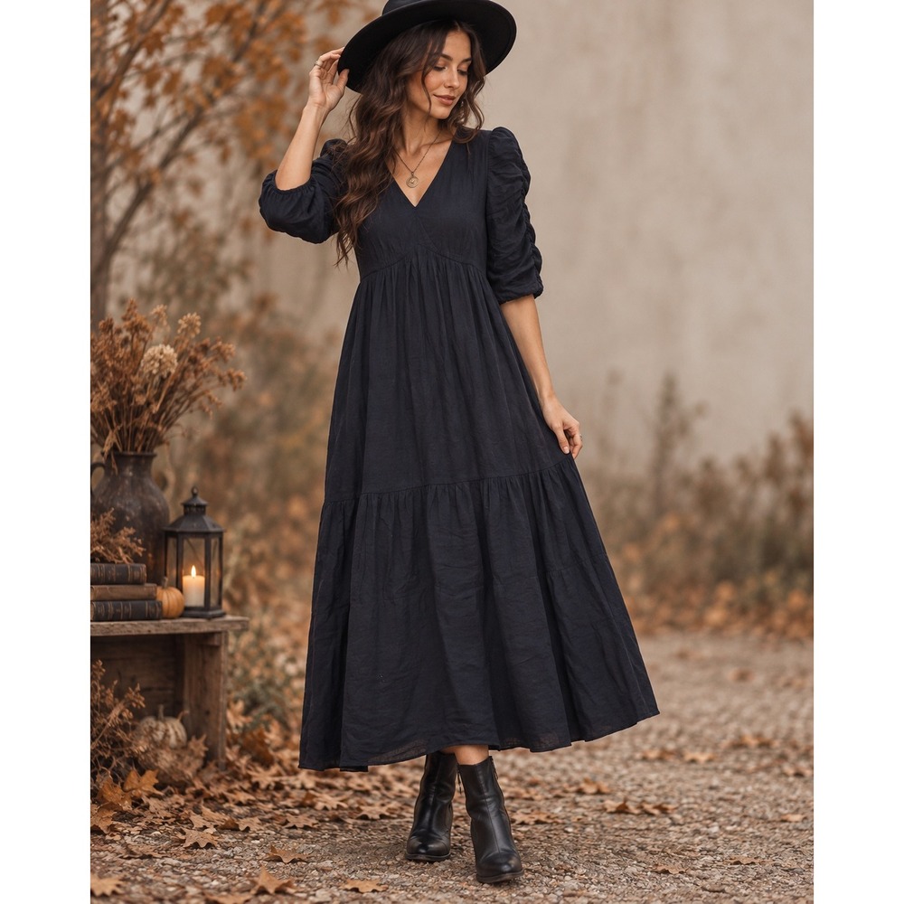 Romantic Boho Black Cotton Tiered Midi Dress Witchy Peasant Puff Sleeve Small